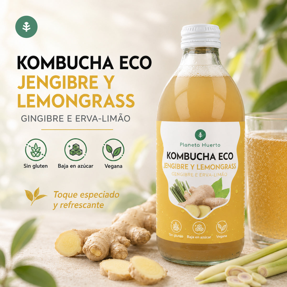 Kombucha ECO Gingembre et citronnelle Planeta Huerto 330 ml