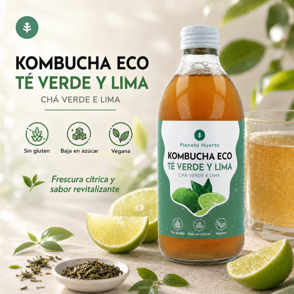 Kombucha ECO thé vert et citron vert Planeta Huerto 330 ml