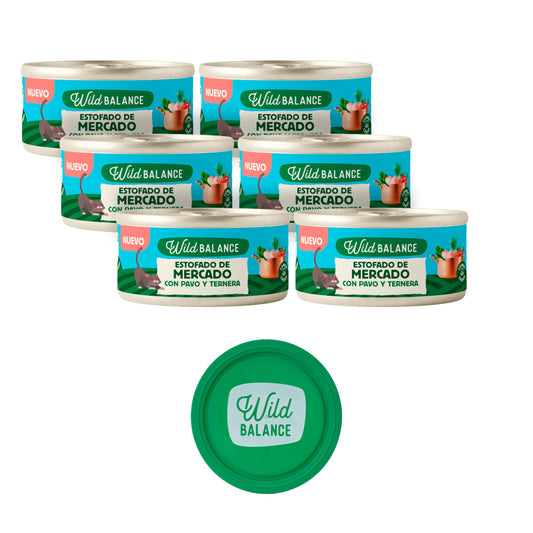 Pack 6x Estofado de mercado con pavo y ternera para gatos 80 g + Regalo: Tapa reutilizable para latas, Wild Balance
