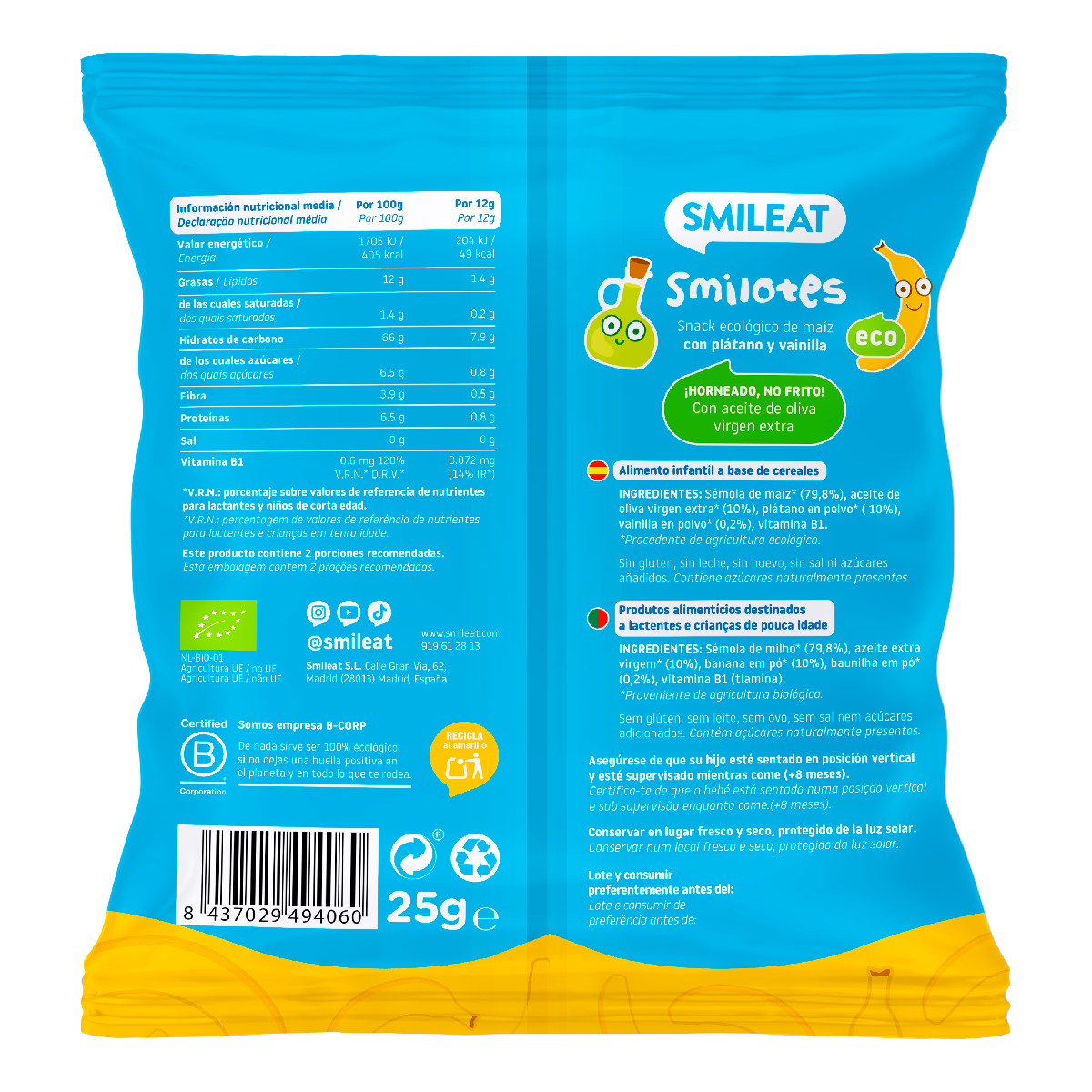 Snacks banane et vanille bio pour bébés Smileat 25 g