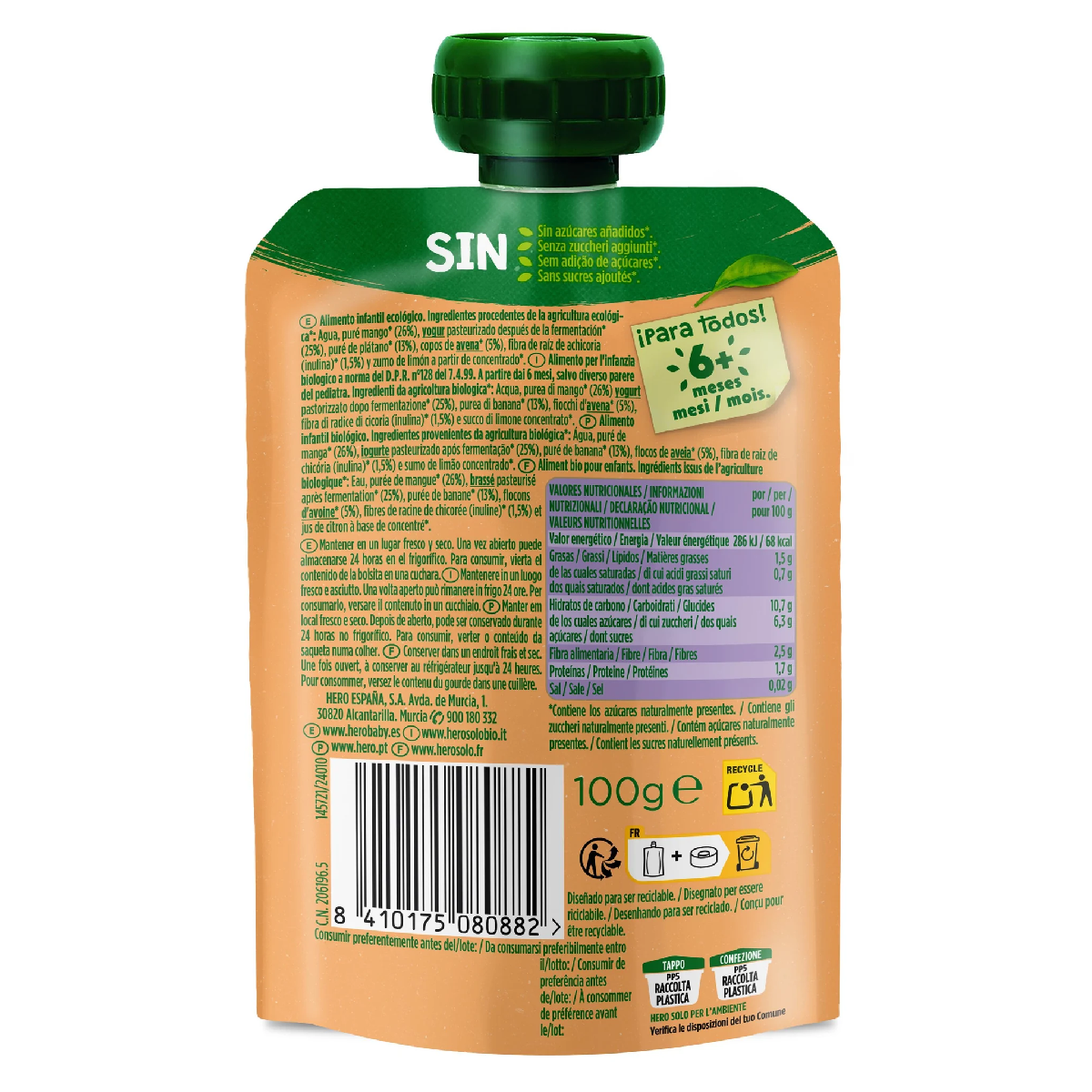 Sachet Nutri Flora à la mangue, au yaourt, à l'avoine et à la banane 100 g Hero Solo