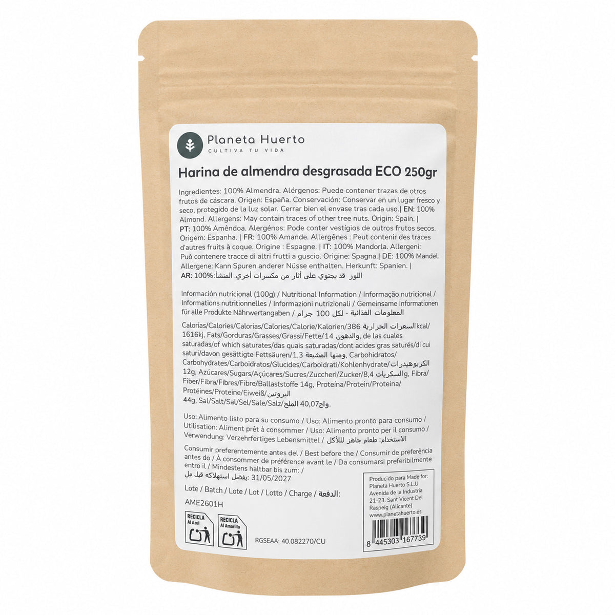 Farine d'amande dégraissée (protéine d'amande) ECO Planeta Huerto 250 g