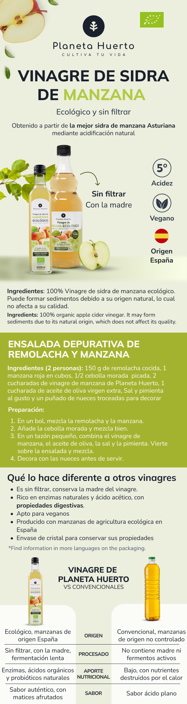 Vinaigre de pomme ECO brut non filtré avec la mère Planeta Huerto 1L