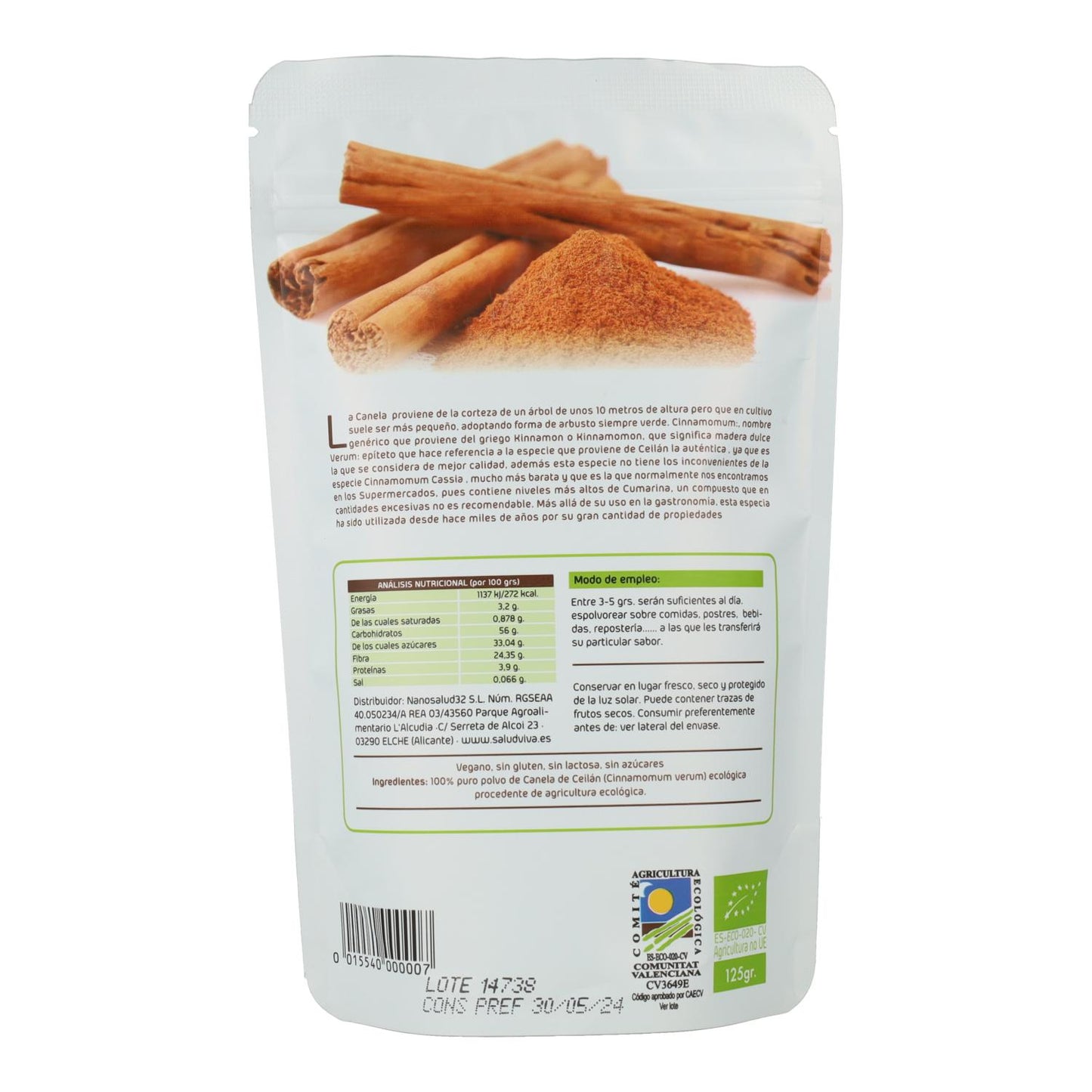 Canela de Ceylan en polvo 125 g, Salud Viva