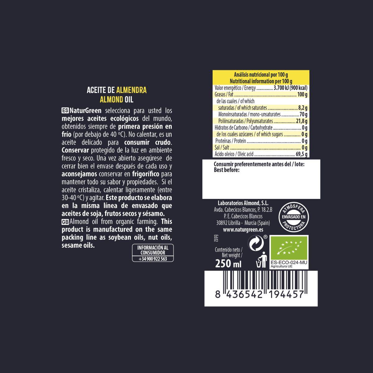 Aceite de Almendra Bio NaturGreen 250 ml