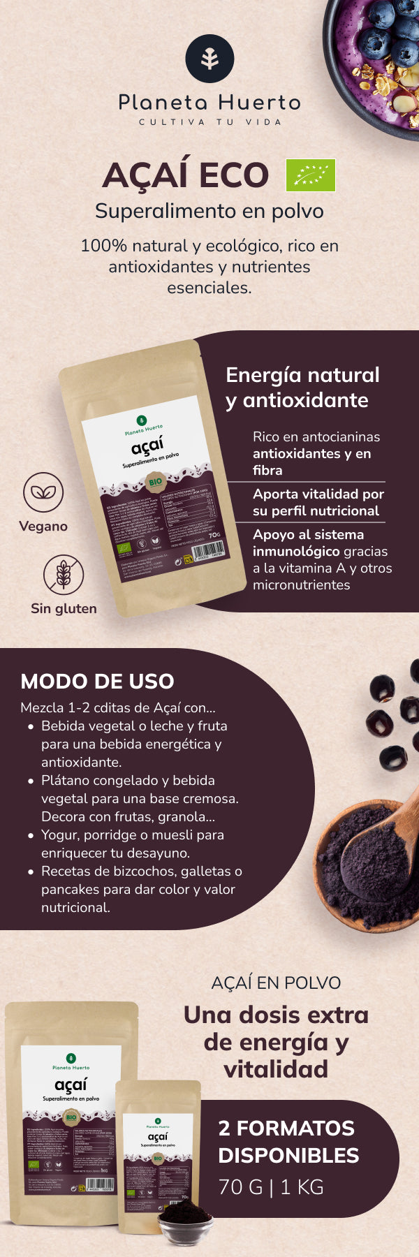 Poudre d'açaí ECO Planeta Huerto 70 gr