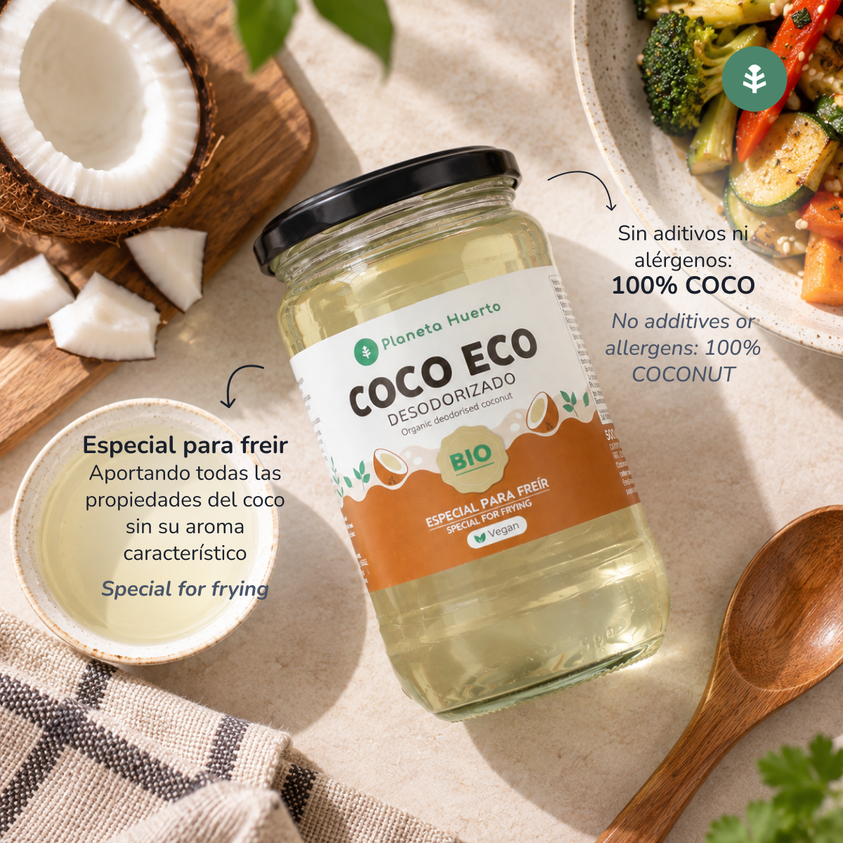 Huile de coco désodorisée ECO Planeta Huerto 500 ml