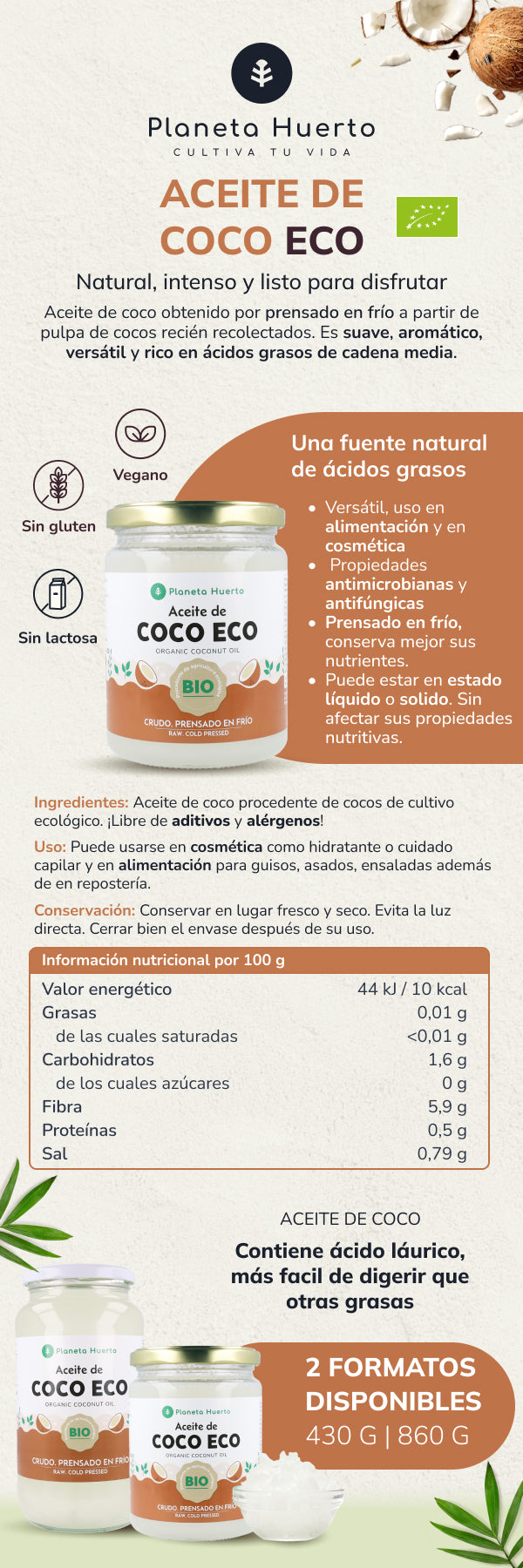 Huile vierge de coco ECO Planeta Huerto 1L