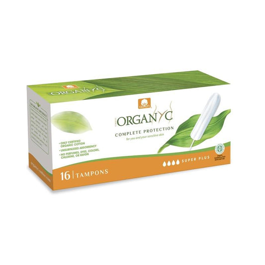 Tampones flujo Súper Plus 100% Algodón Orgánico sin aplicador Organyc 16 Uds