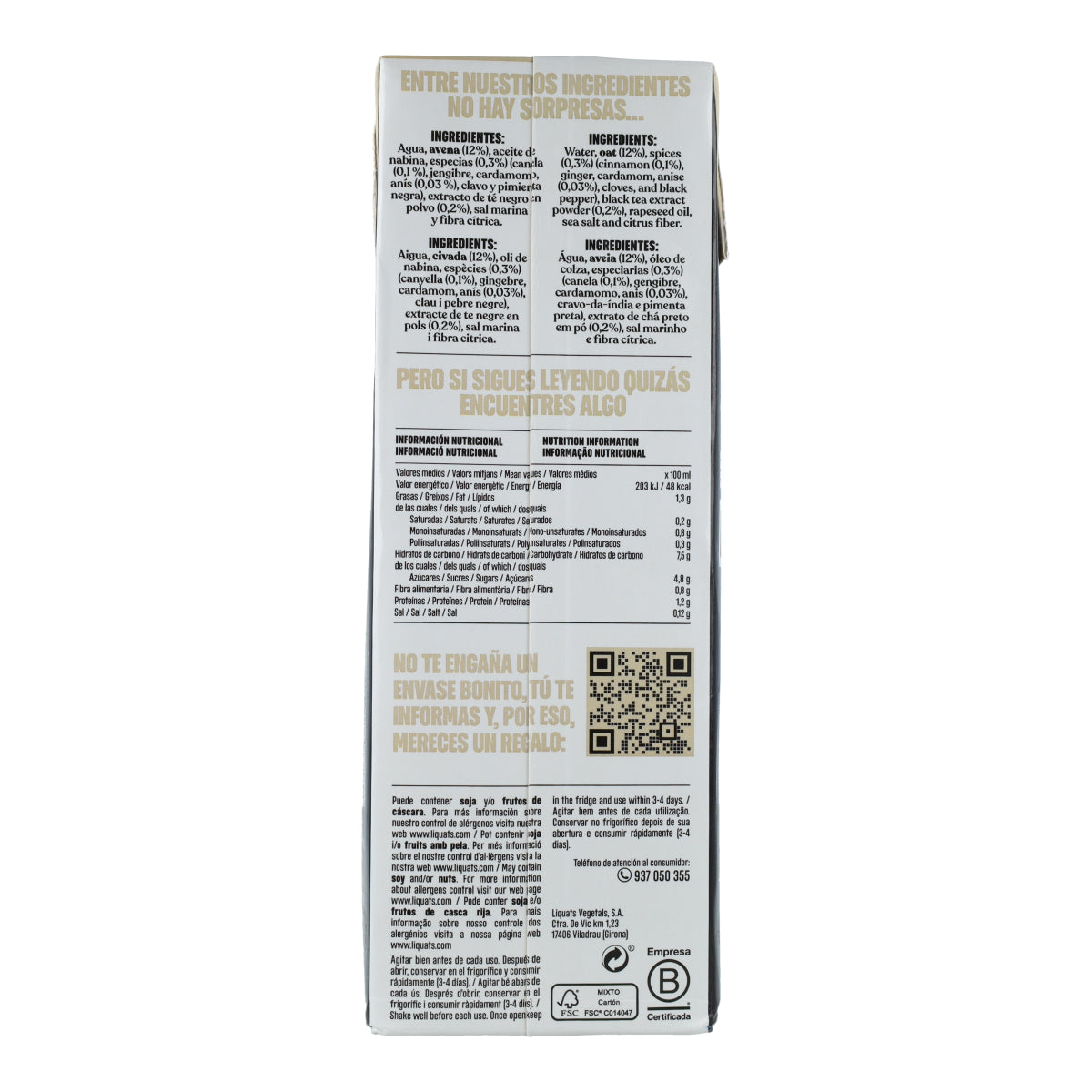 Boisson Barista Chai et Avoine sans gluten YOSOY 1L