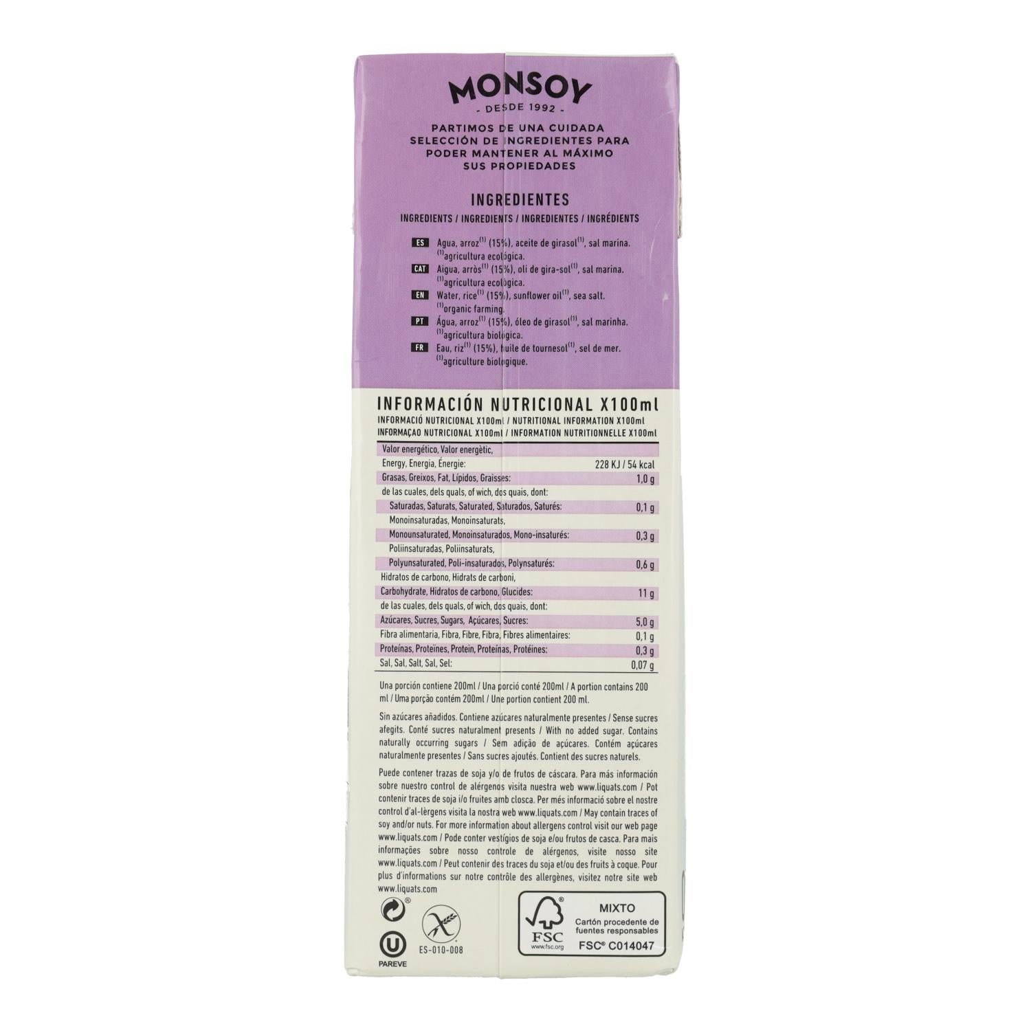 Bebida vegetal de Arroz Bio Monsoy 1 L