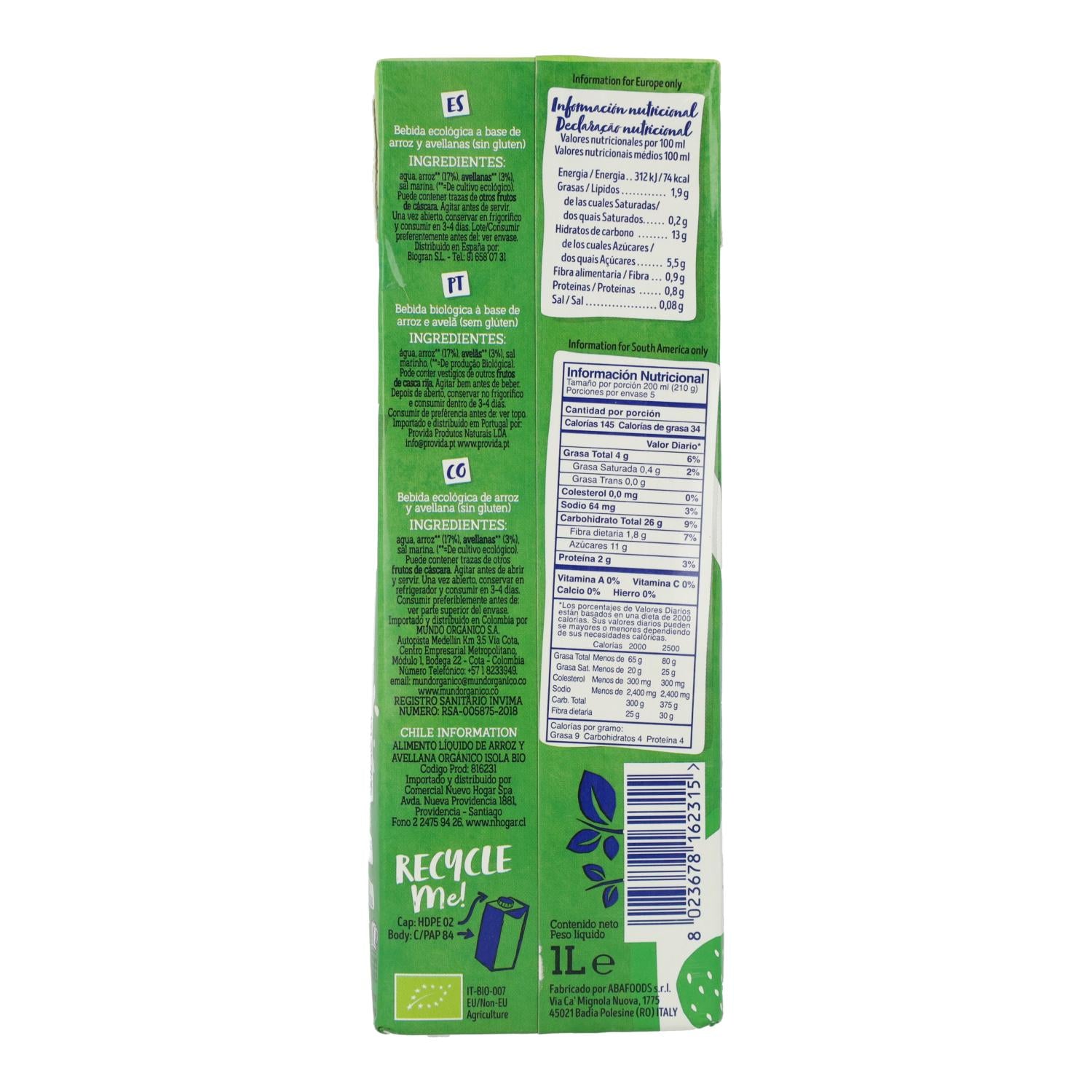 Bebida BIO Arroz y Avellana, Isola Bio, 1 L