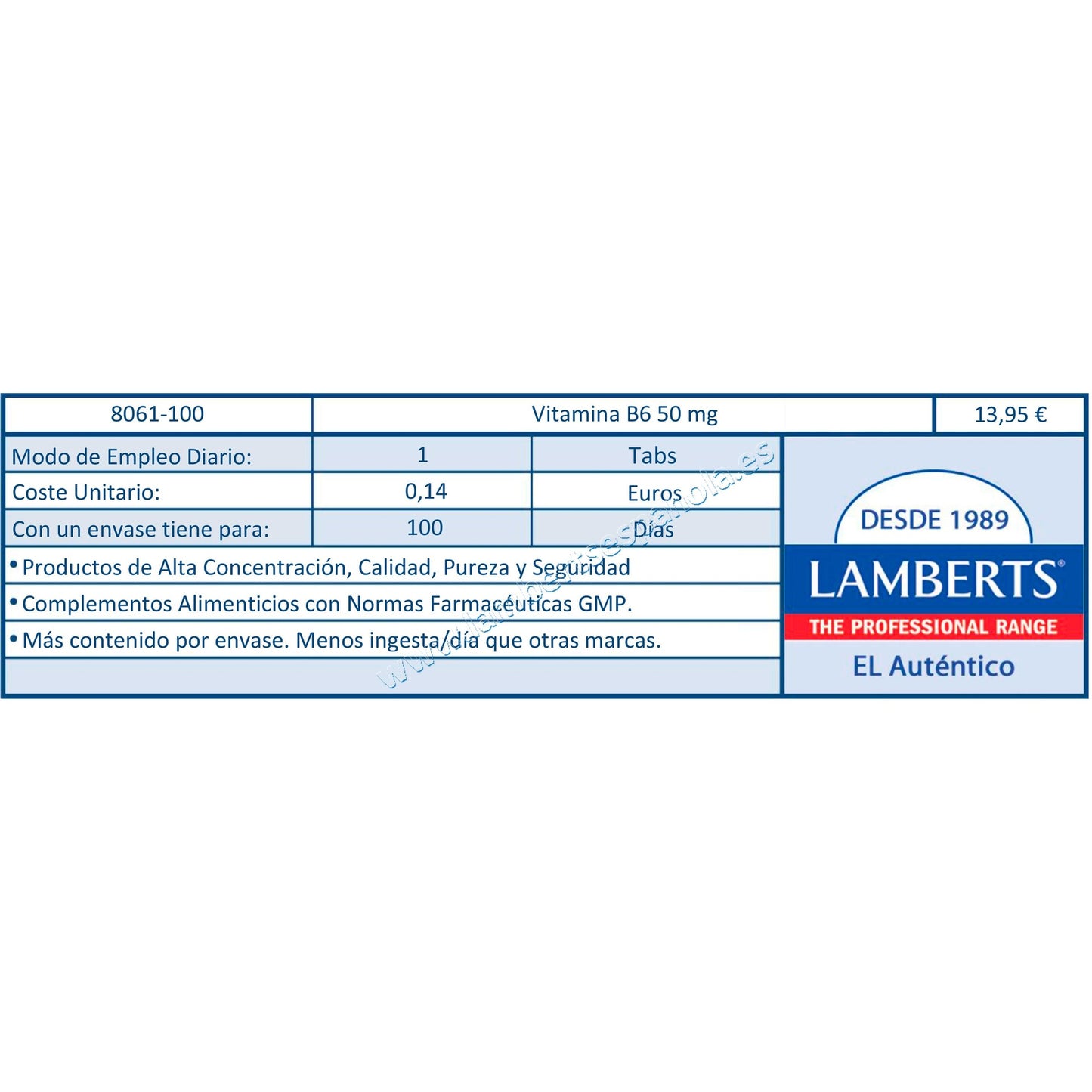 Vitamina B6 100 tabletas de 50mg, Lamberts