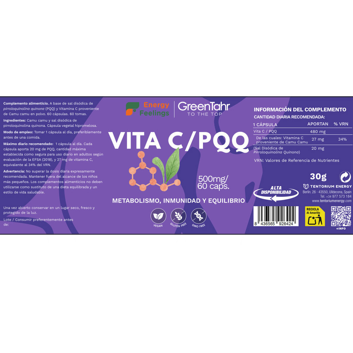 PQQ + VITA C Energy Feelings 60 cápsulas