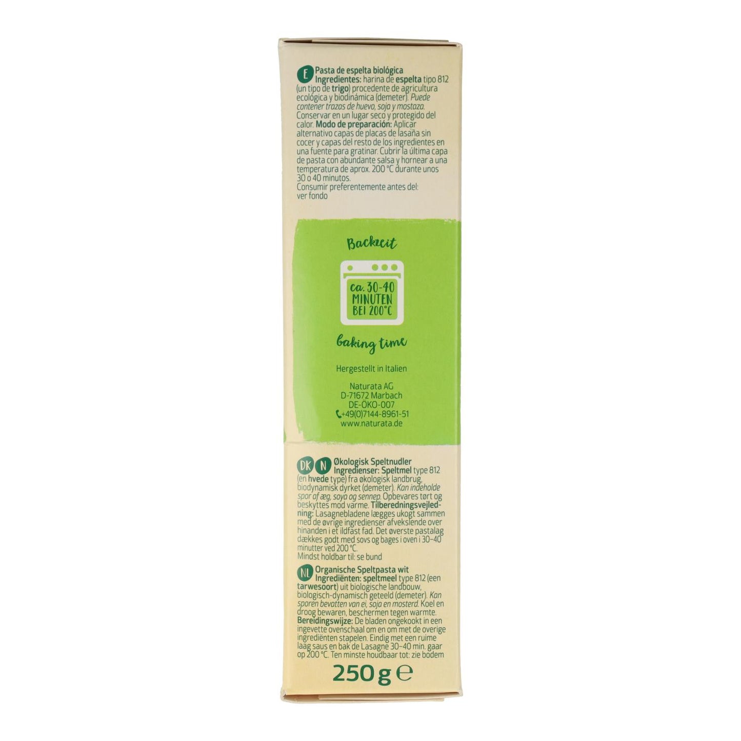 Láminas para Lasaña de Espelta Demeter Naturata 250 g
