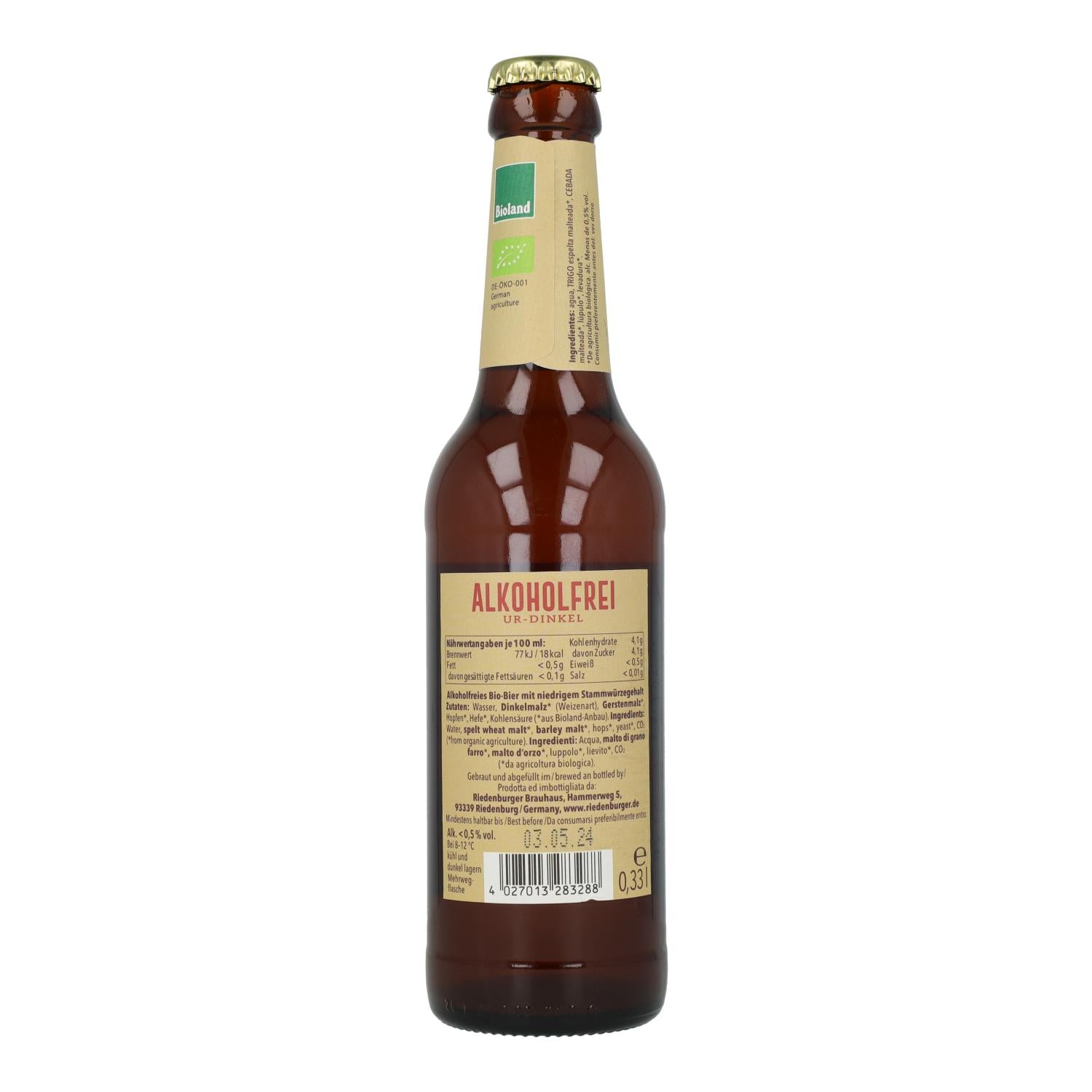 Cerveza espelta sin alcohol bio Riedenburger 33cl