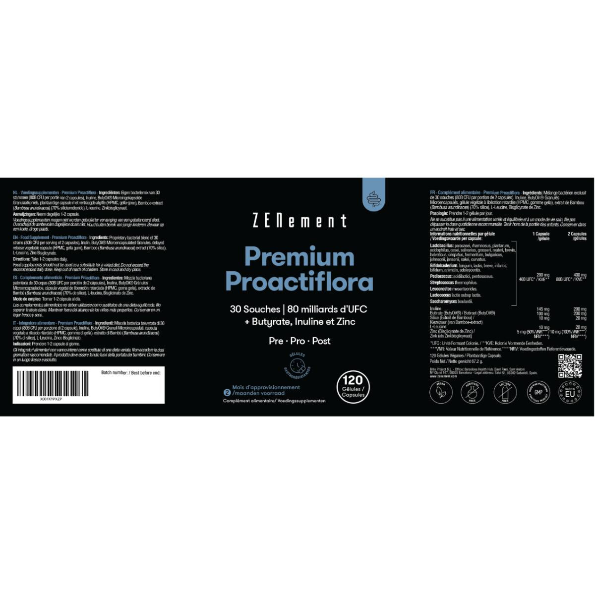 Premium Proactiflora, 30 Cepas | 80 mil millones de UFC + Butirato, Inulina y Zinc Zenement, 120 comprimidos