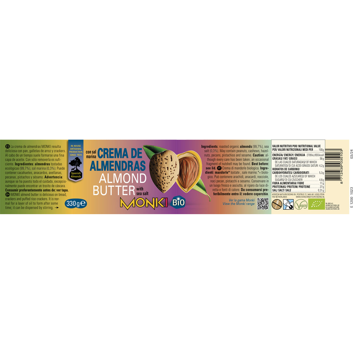 Crema de almendras tostadas Monki 330 g