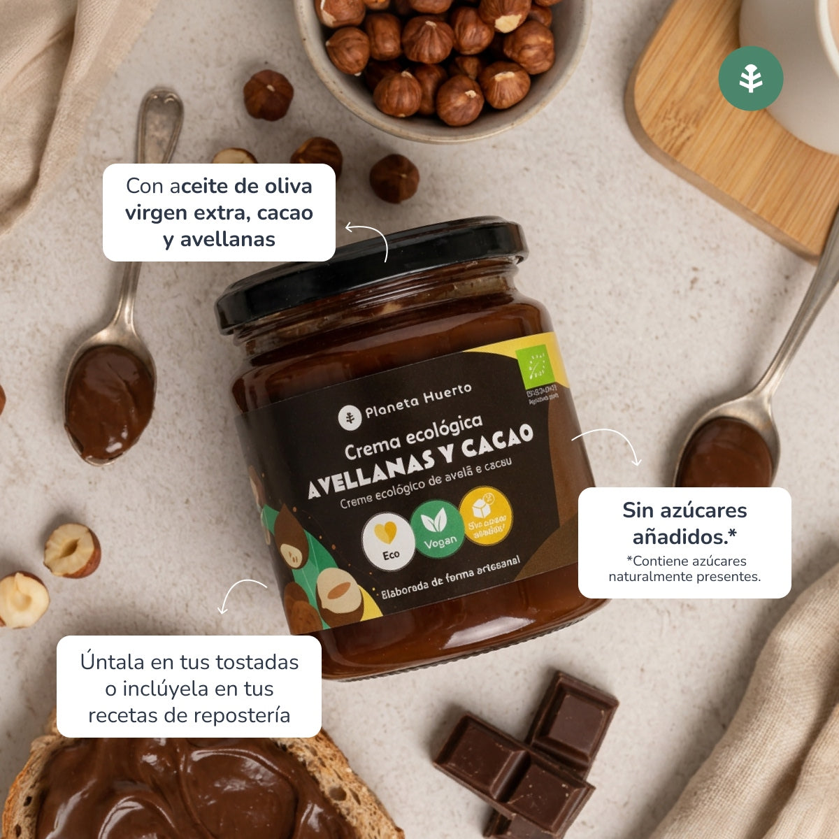 Crème de noisettes et cacao sans sucres ajoutés ECO Planeta Huerto 230 g