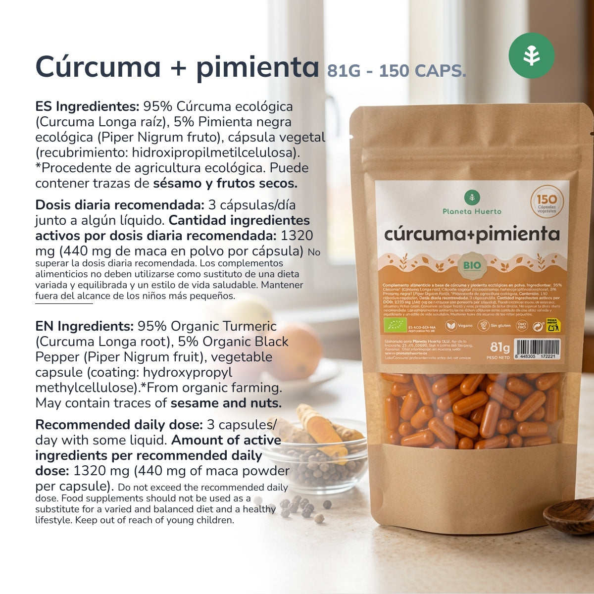 Curcuma Bio + Poivre Bio Planeta Huerto 150 gélules