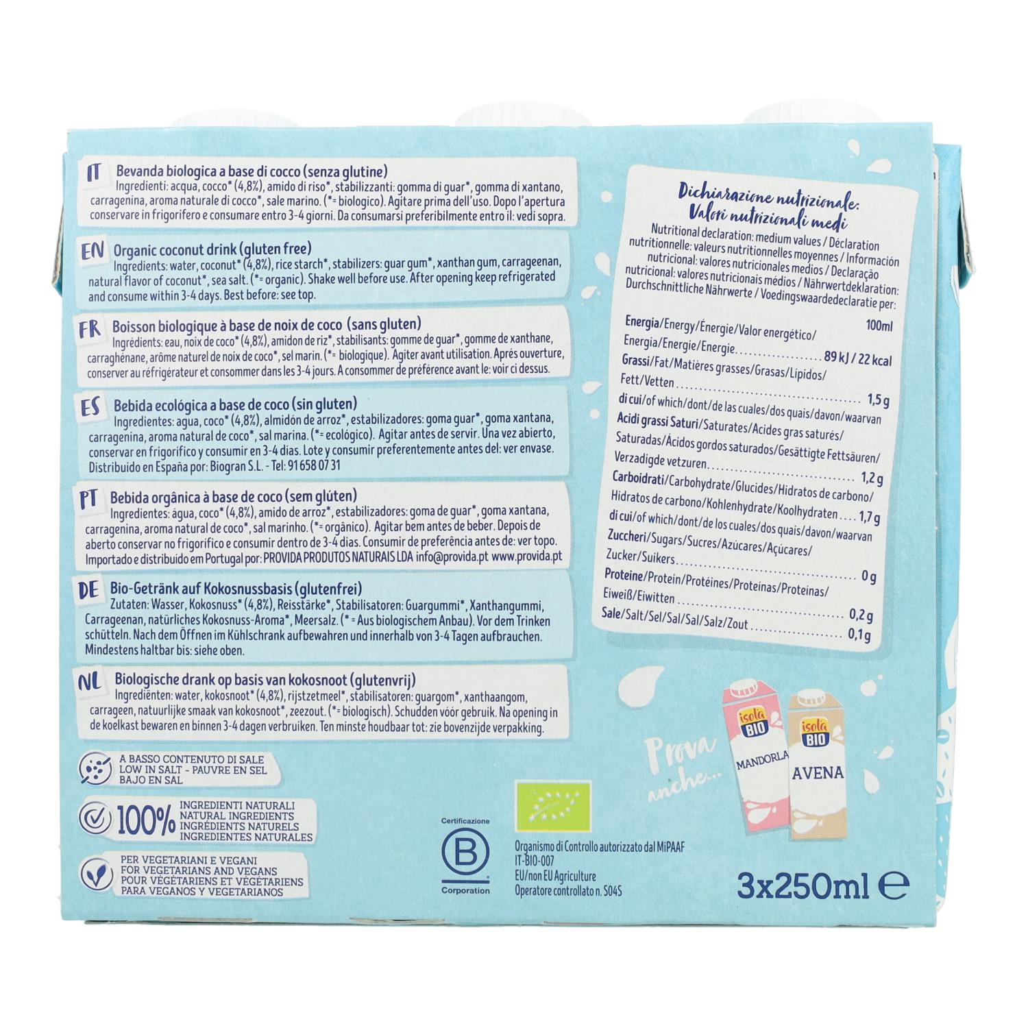 Pack Bebida de Coco On the Go Bio Isola Bio 250 ml x 3 uds