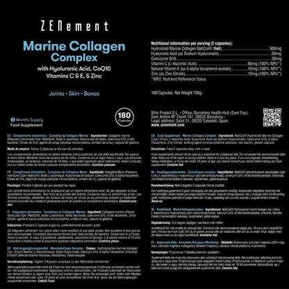 Complejo de colágeno marino con ácido hialurónico, CoQ10, vitaminas C & E y Zinc Zenement, 180 comprimidos