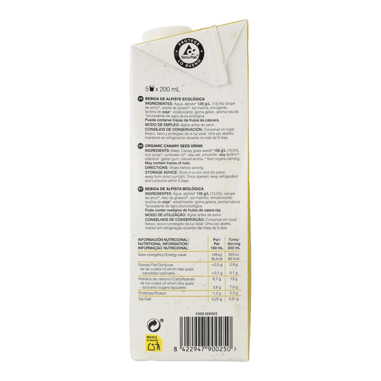 Pack 6L bebida vegetal de alpiste 100% vegetal Soria Natural 1L
