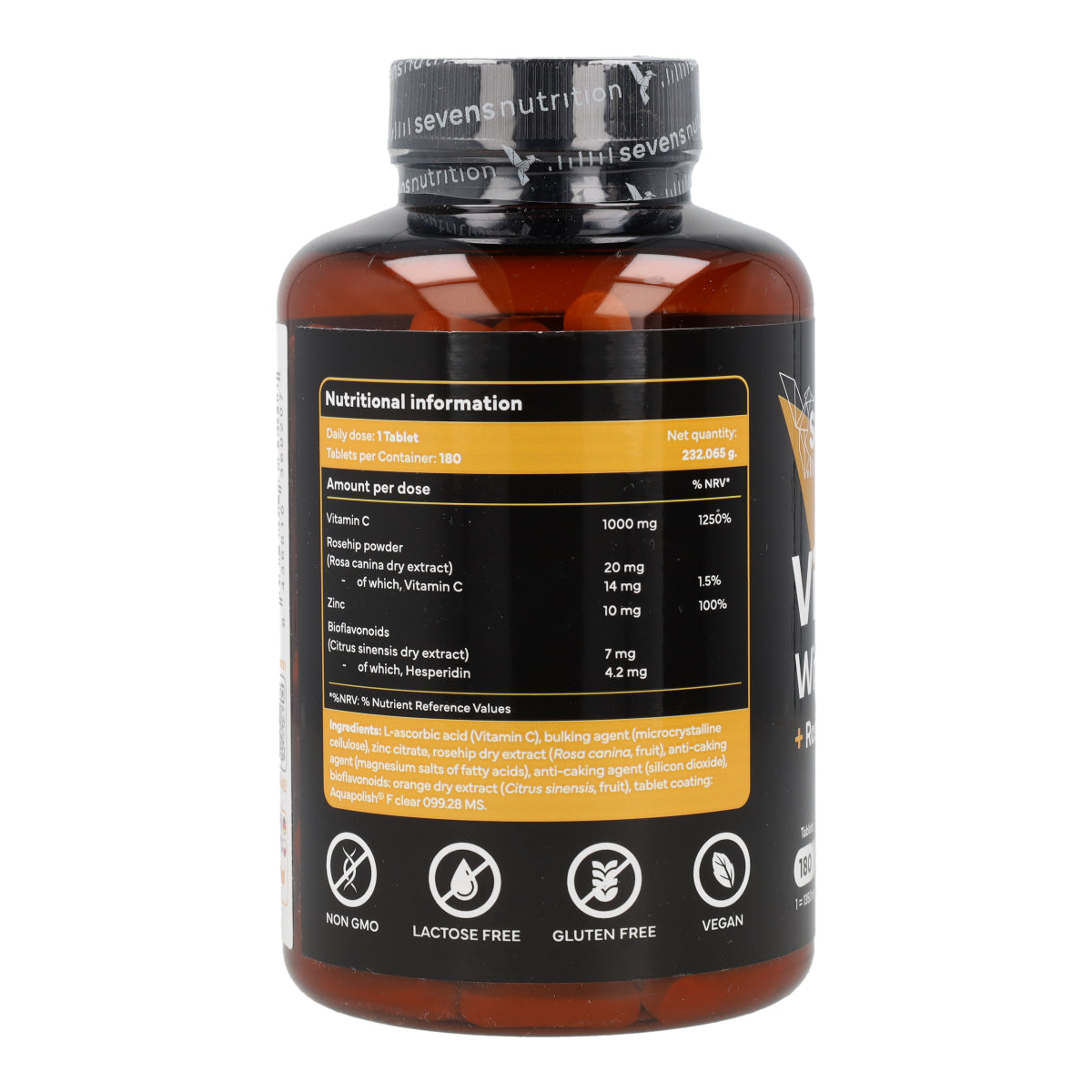 Vitamina C con Zinc Bioflavonoides y Rosa Mosqueta Sevens Nutrition 180 cápsulas
