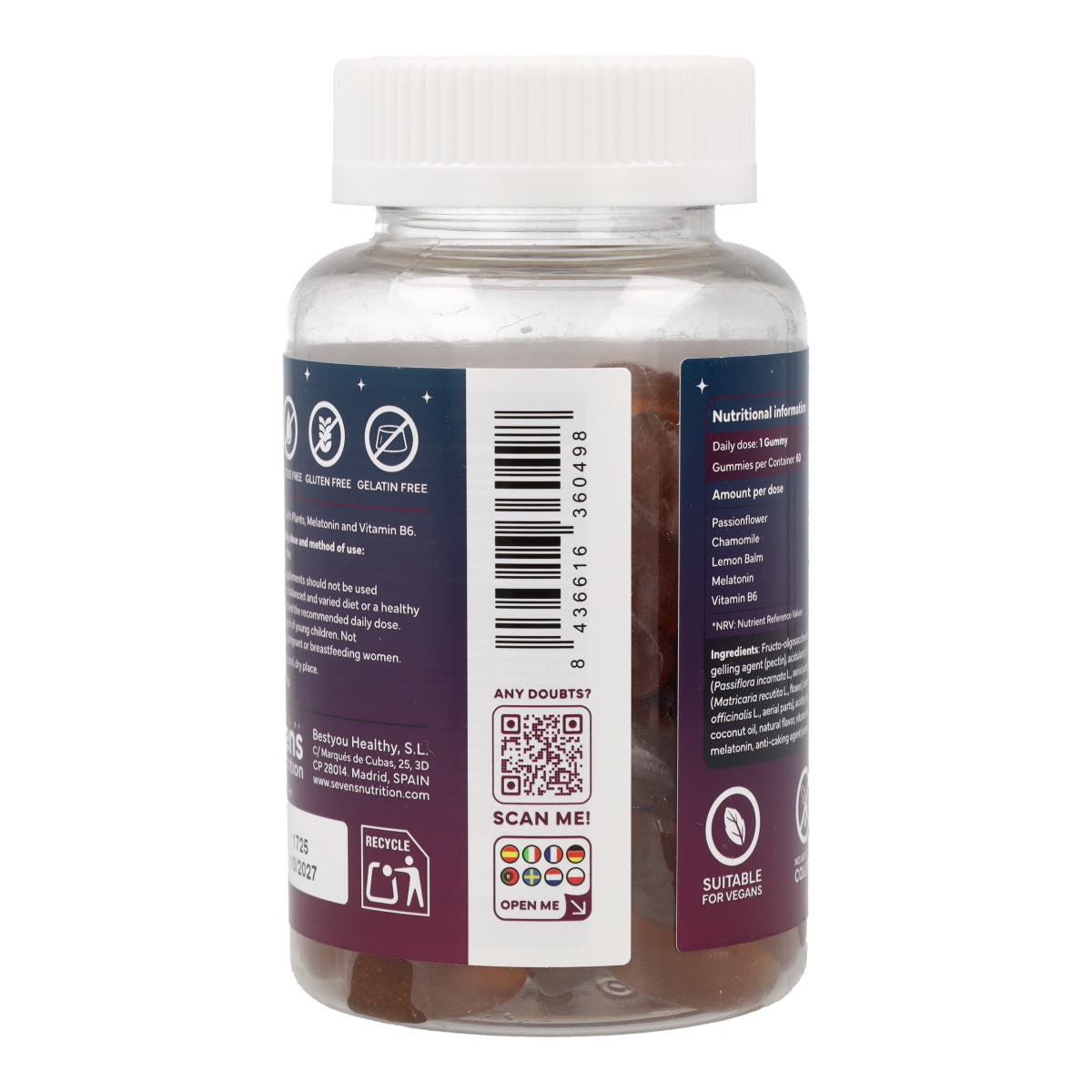 Mélatonine Gummies avec Passiflore Camomille Mélisse et Vitamine B6 Sans Sucre Sevens Nutrition 60 gummies