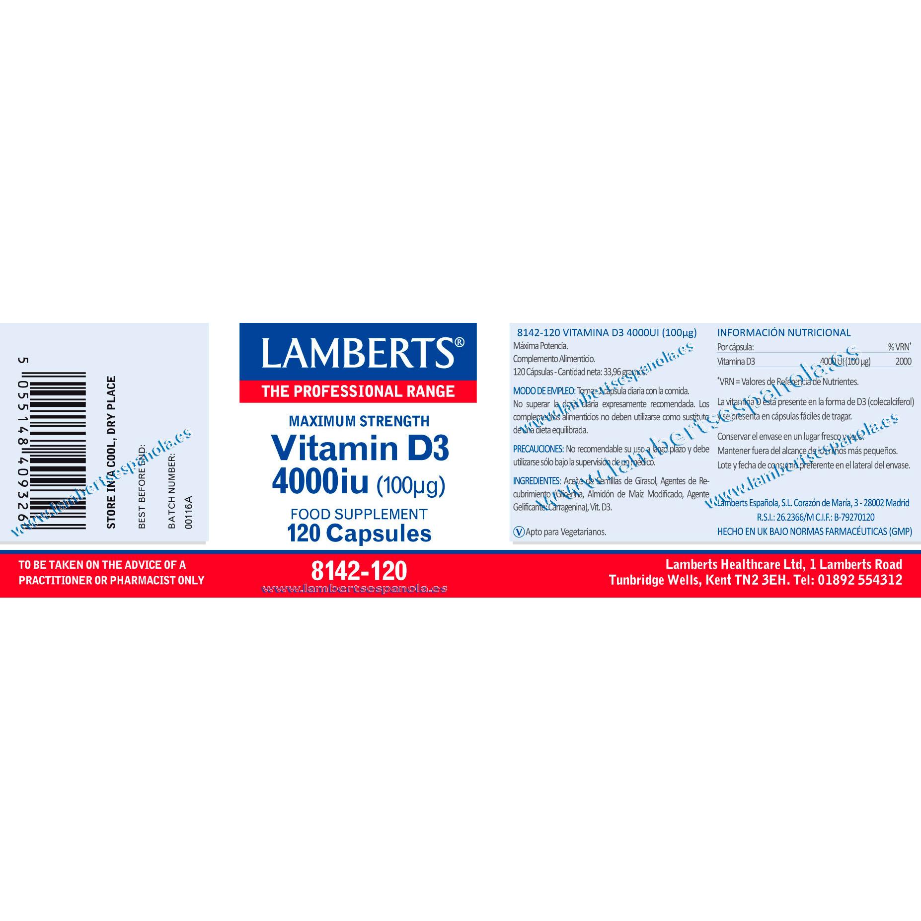 Vitamina D3 4000UI (100 µg) Lamberts, 120 cápsulas