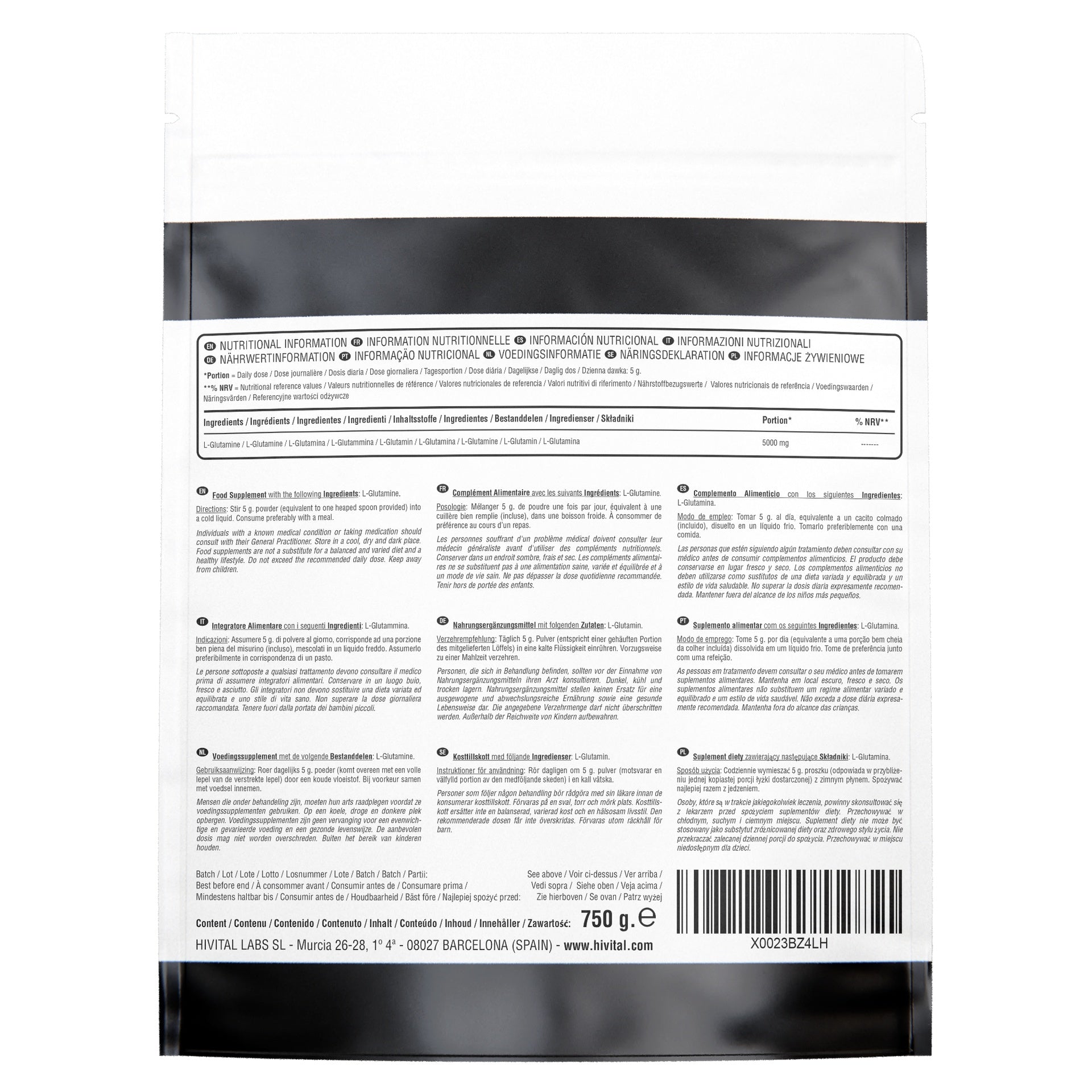 L-Glutamina 5000 mg Hivital 750 gramos de polvo vegano