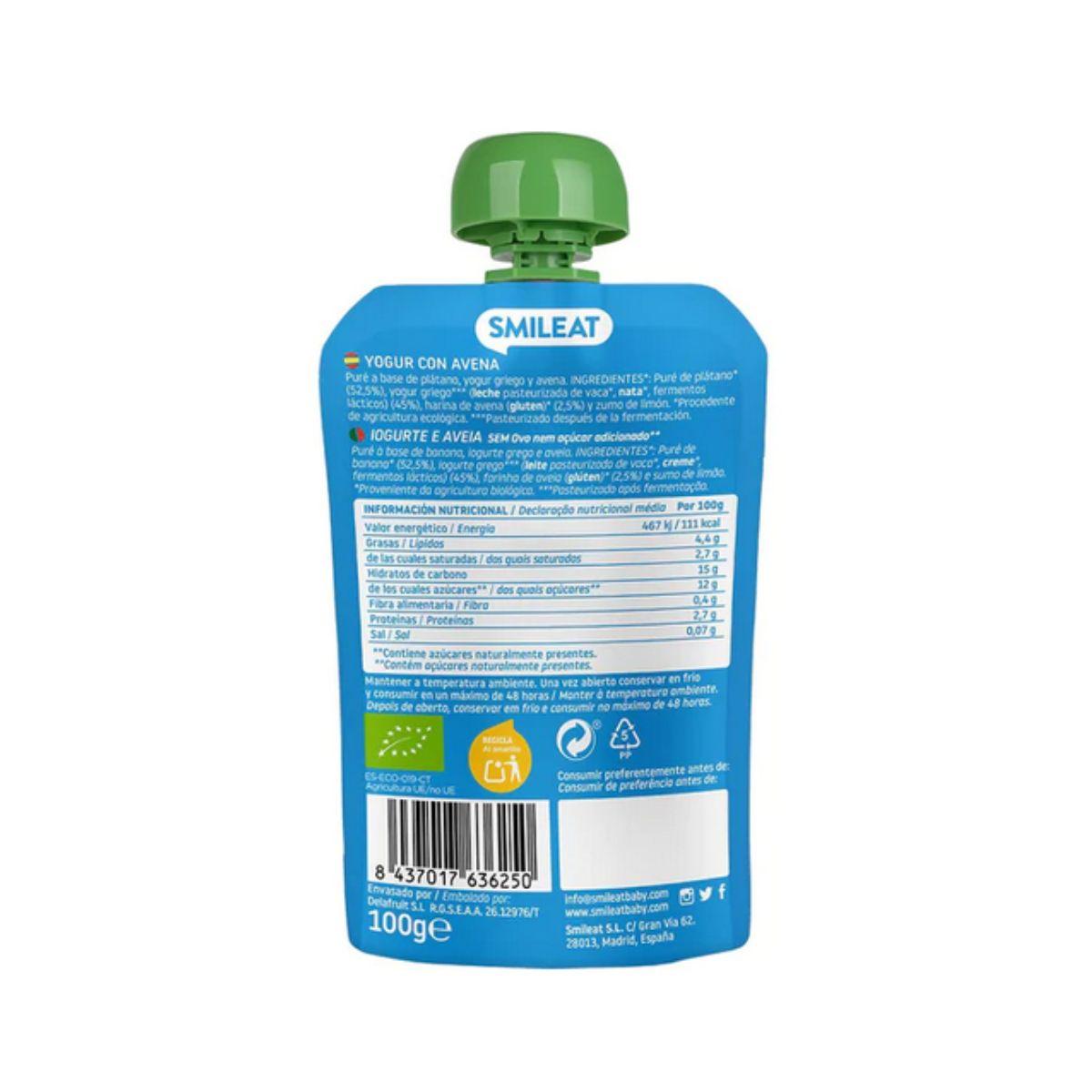 Pouche Yogur y Avena ECO Smileat, 100g