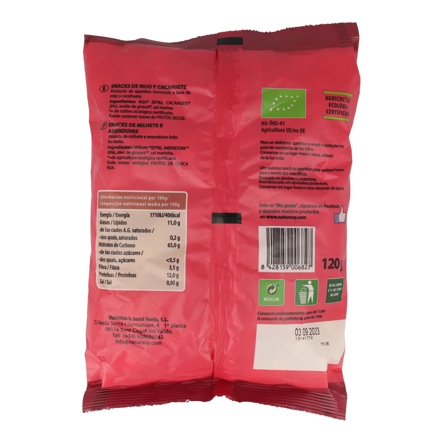 Snacks mijo y cacahuete, 120 g. Natursoy