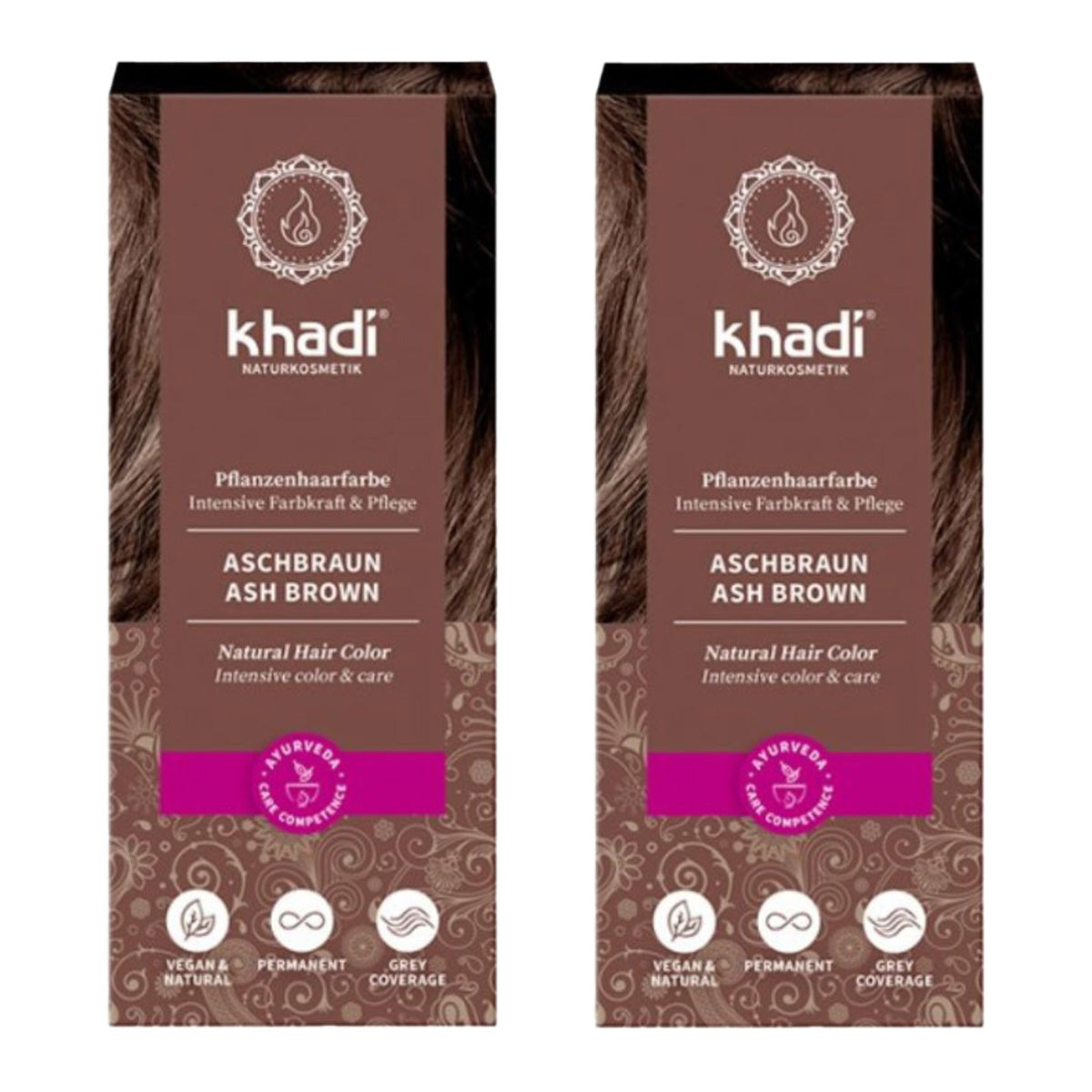 Pack 2x Tinte natural castaño ceniza, Khadi, 100 g
