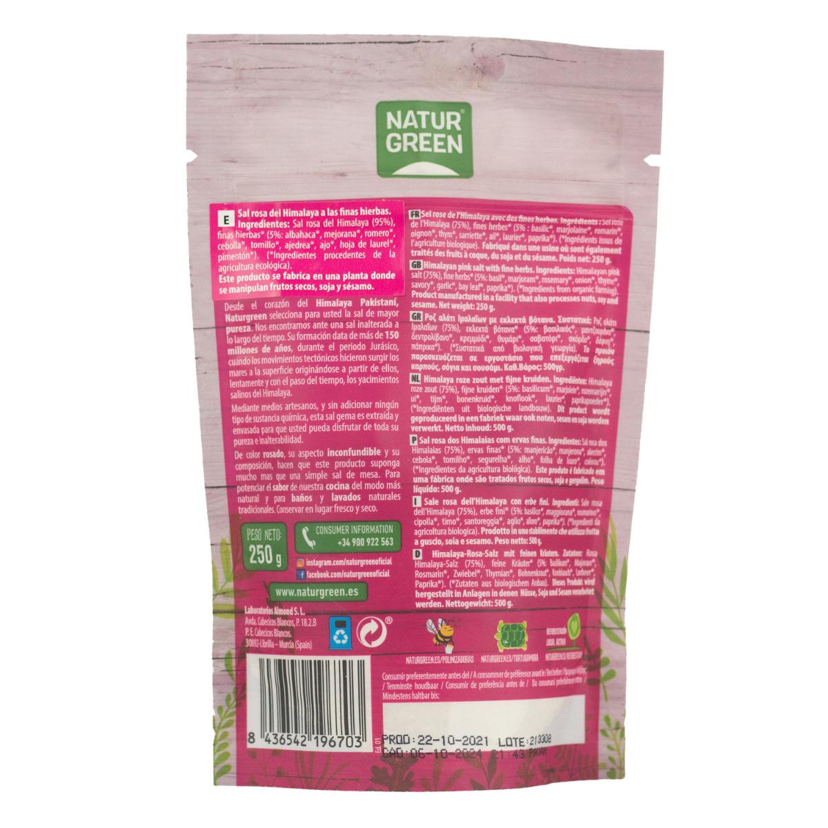 Sal Rosa del Himalaya con Finas Hierbas ecológicas Naturgreen 250g