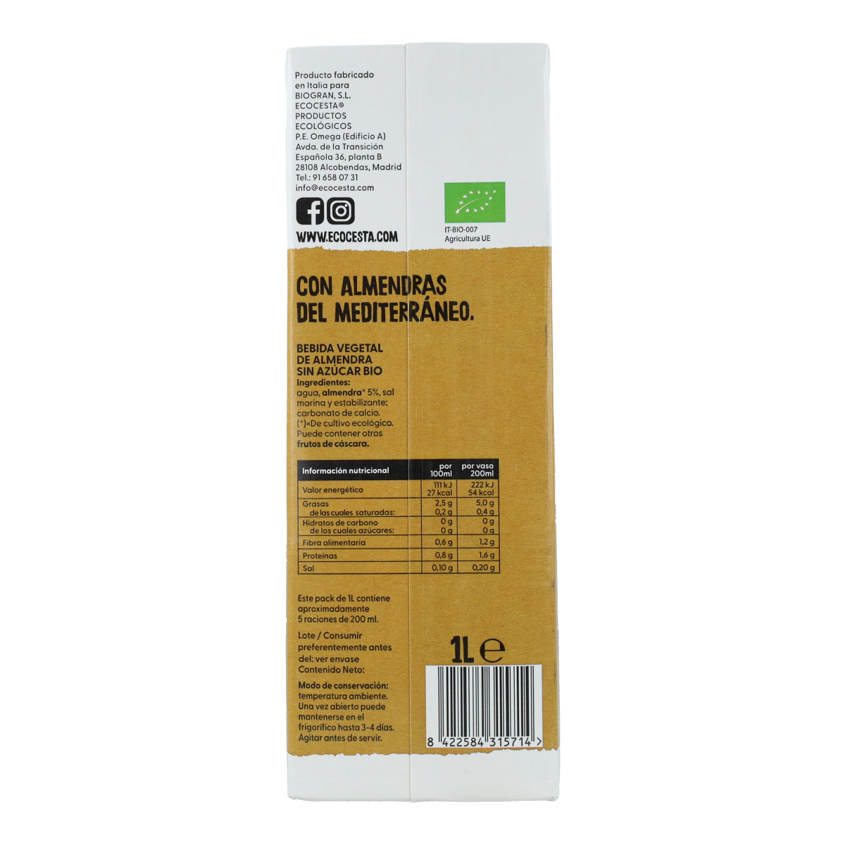 Boisson végétale aux amandes 0 % sucre bio, 1 L Ecocesta