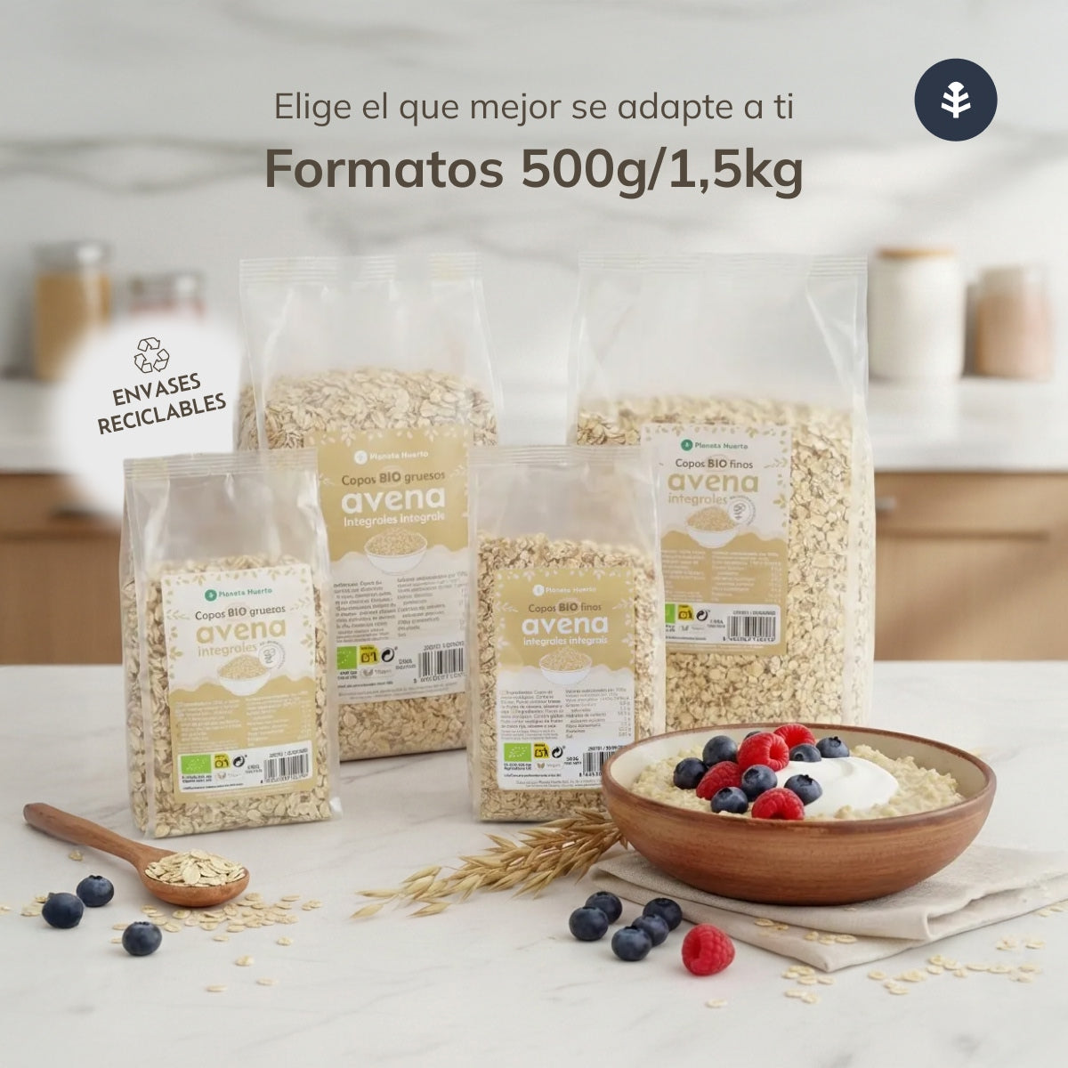 Pack 4x Copos de avena finos Sin Gluten ECO Planeta Huerto 1,5 kg