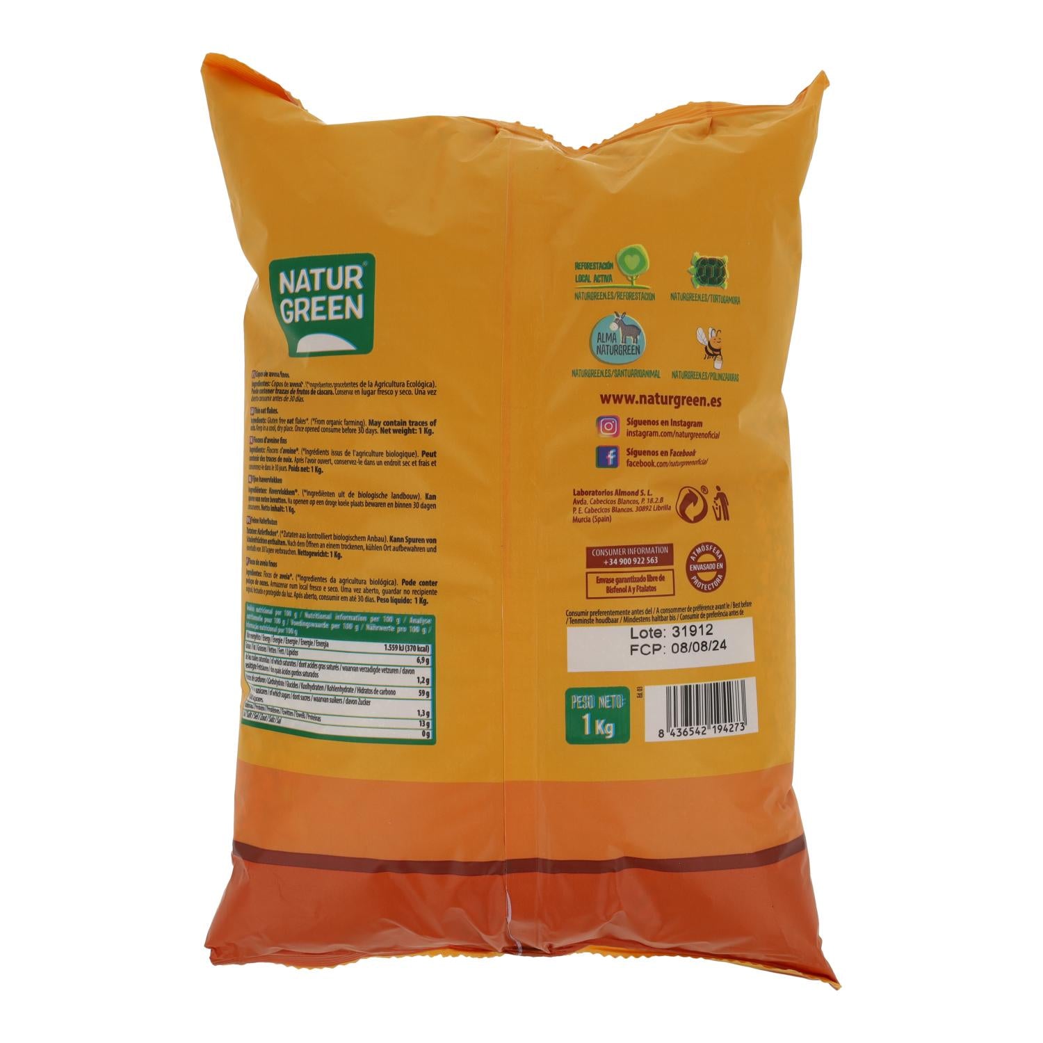 Copos de Avena Finos Sin Gluten Bio NaturGreen, 1 Kg