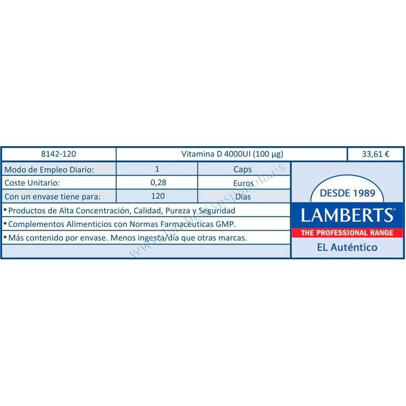 Pack 2x Vitamina D3 4000UI (100 µg) Lamberts, 120 cápsulas