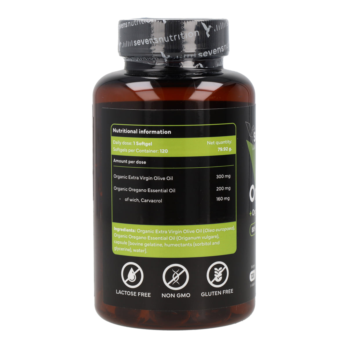 Huile d'Origan 80% Carvacrol avec Huile d'Olive Vierge Extra Bio Sevens Nutrition 120 gélules