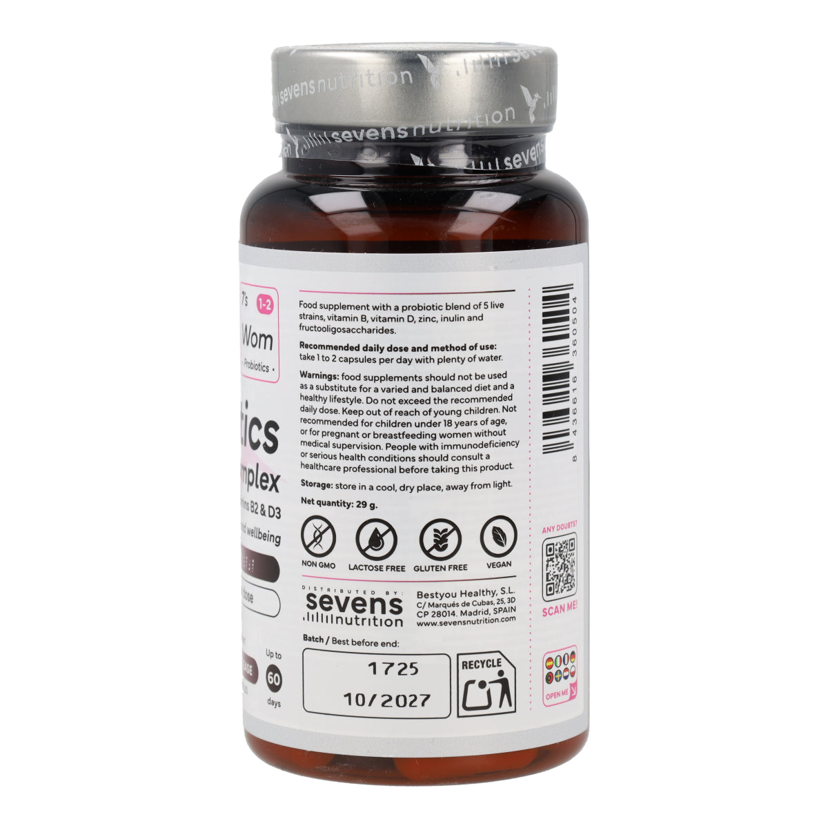 Probiotiques Flore Intime Femme avec Inuline FOS Zinc et Vitamines B2 et D3 Sevens Nutrition 60 capsules