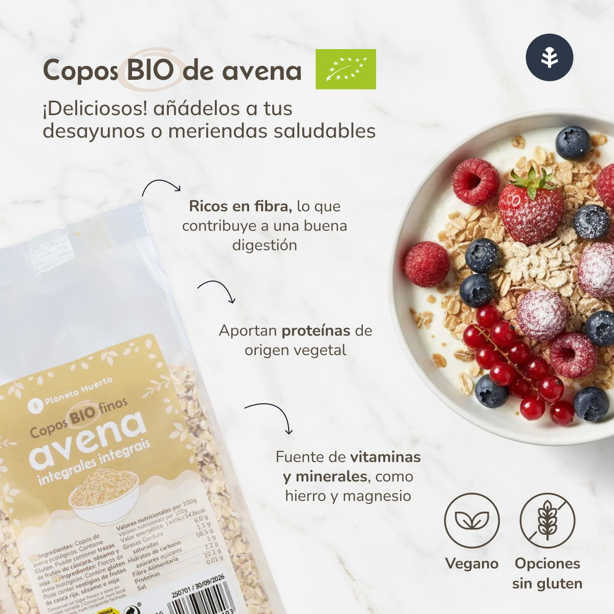 Copos de Avena integral finos ECO Planeta Huerto 1.5 kg