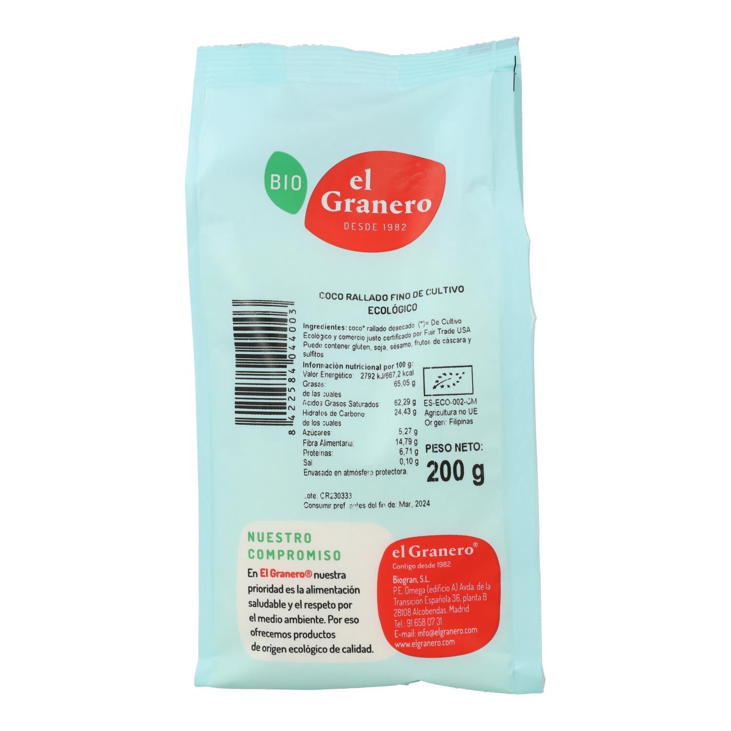 Coco Rallado Fino Bio El Granero, 200 g