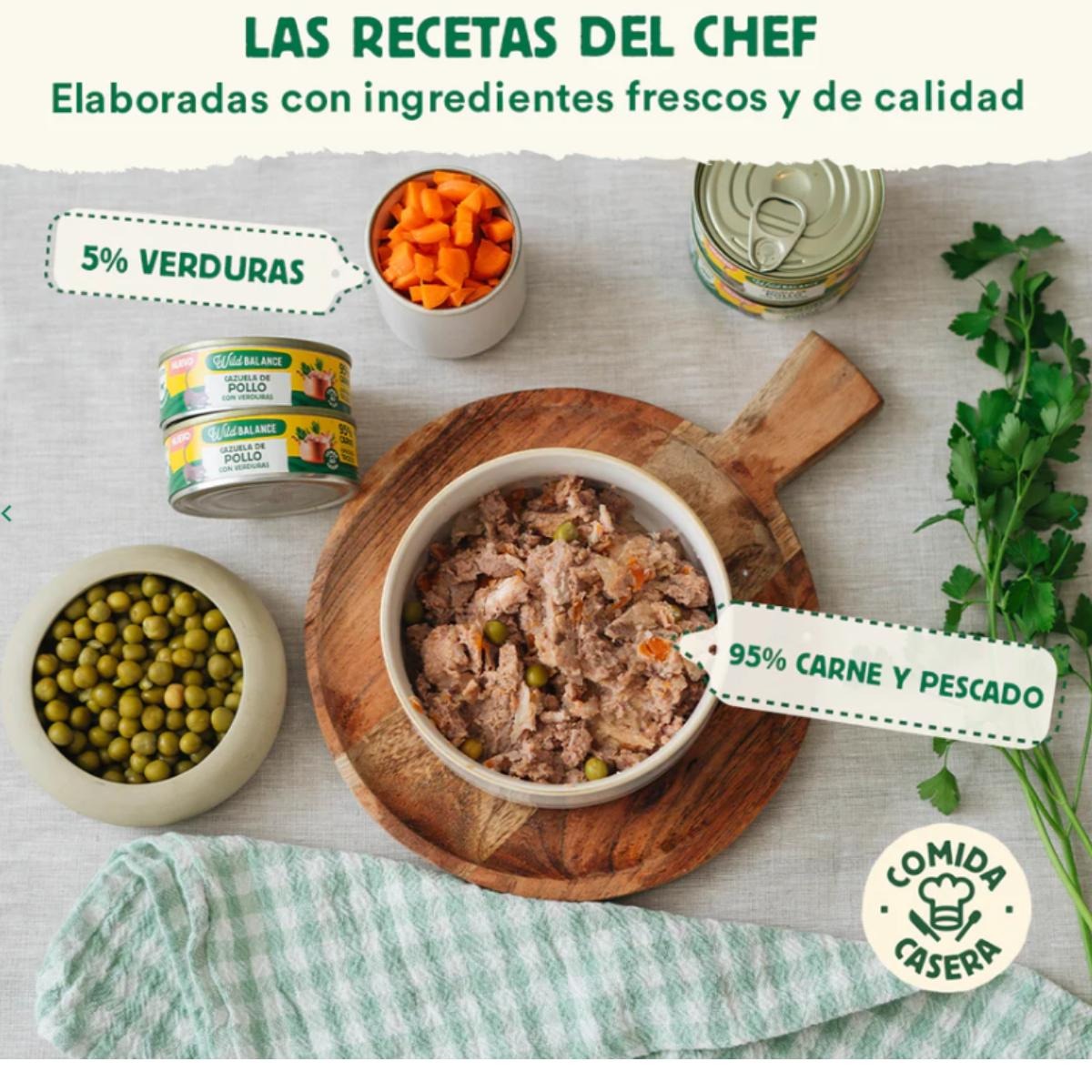 Pack 6x Cazuela de pollo para gatos 80 g + Regalo: Tapa reutilizable para latas, Wild Balance