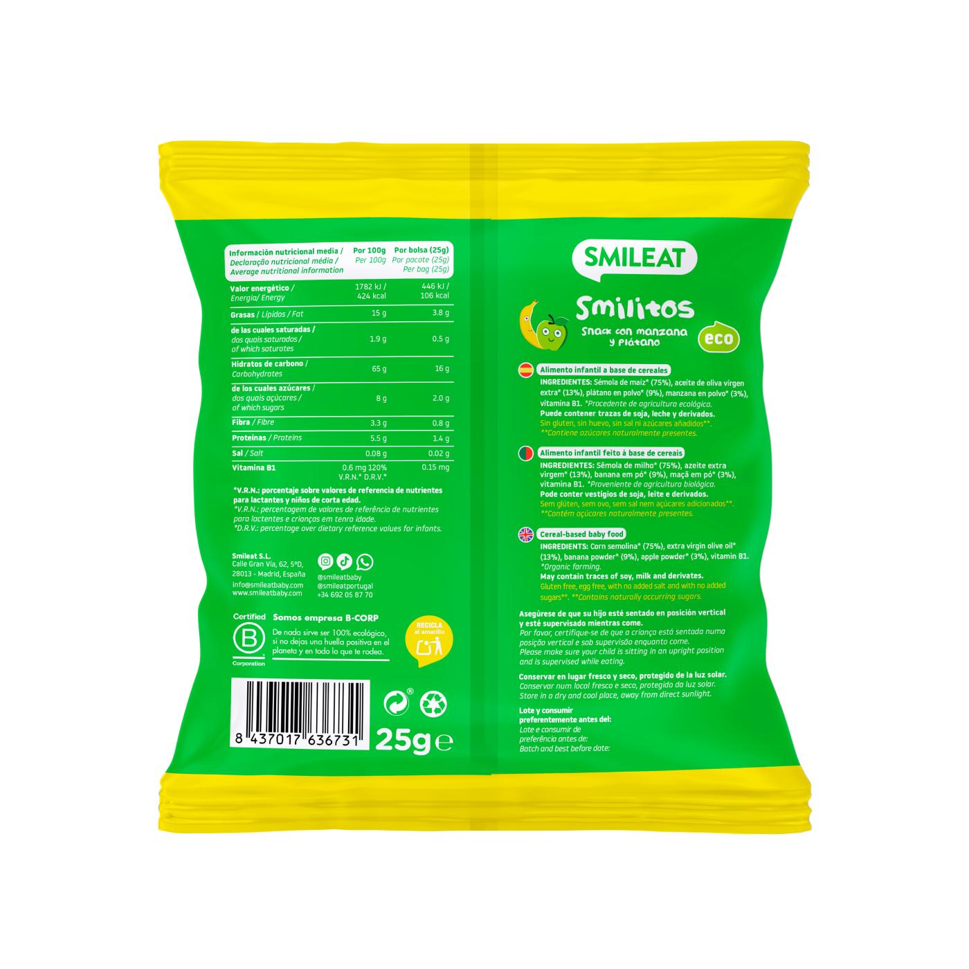Pack 3x Smilitos de Manzana y Plátano Smileat  25g