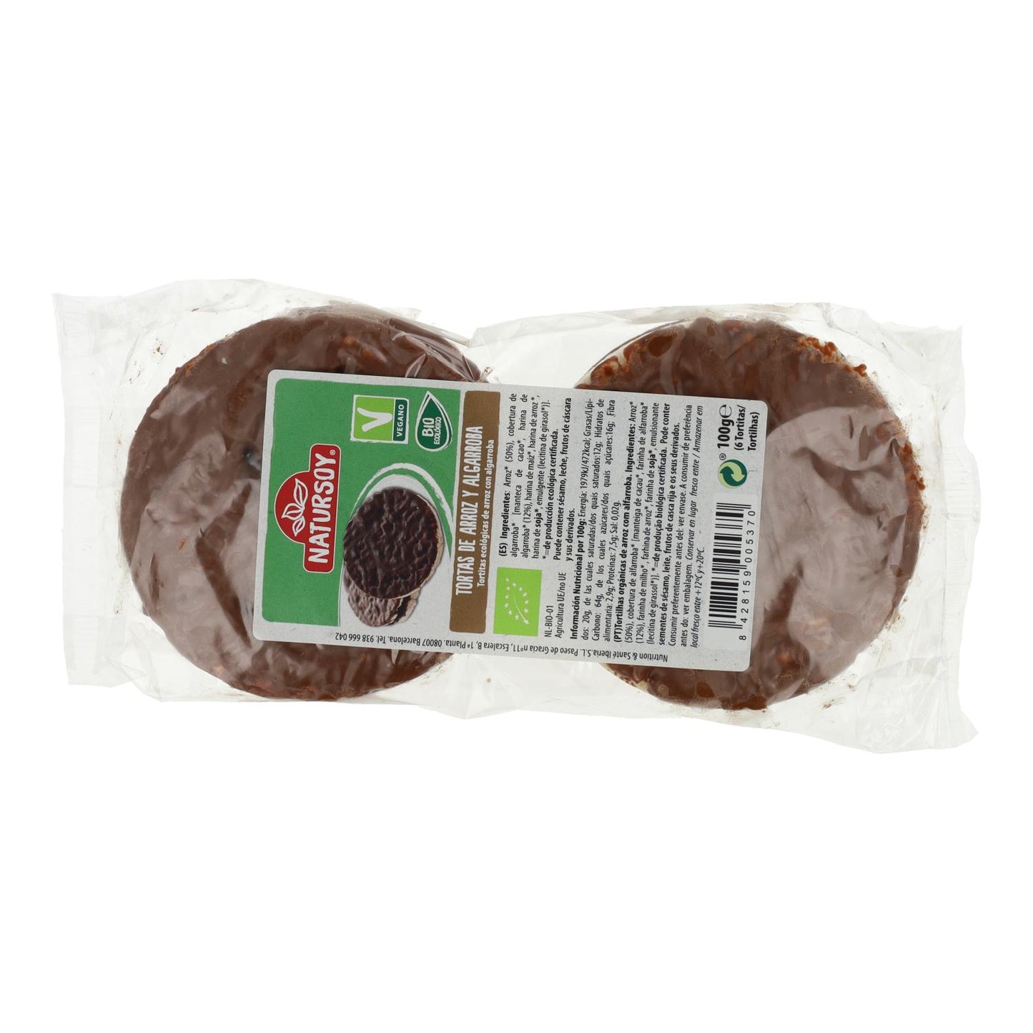 Tortitas de arroz con algarroba, 100 g. Natursoy