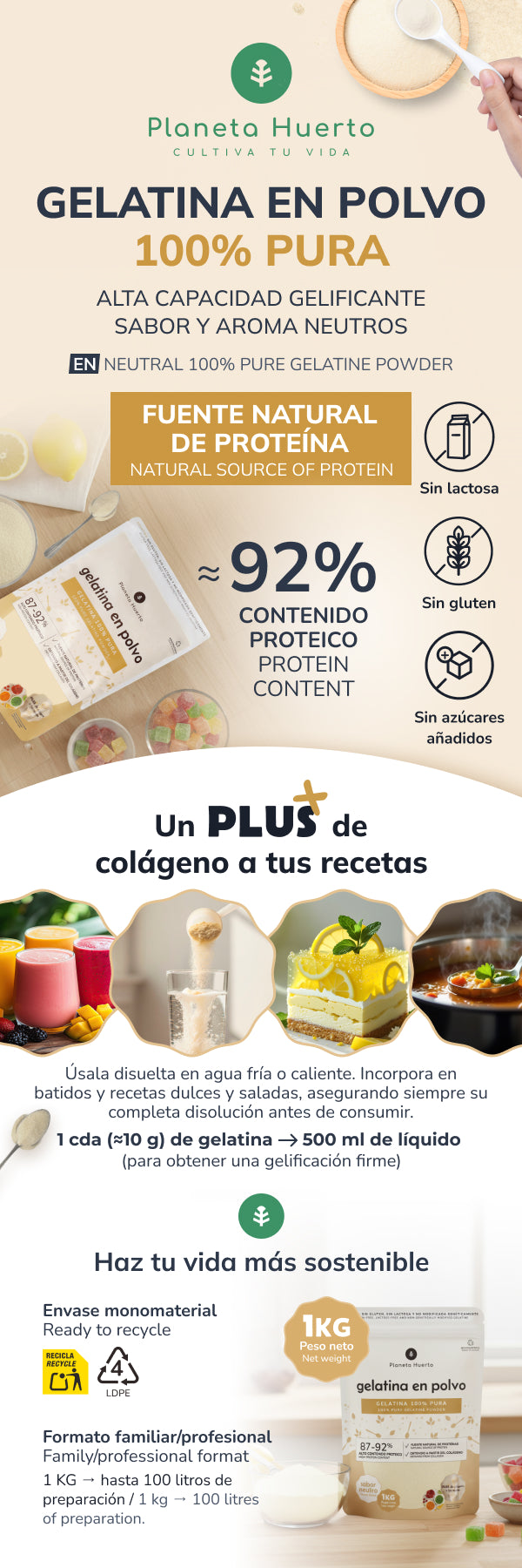 Gélatine neutre en poudre source de collagène Planeta Huerto 1 kg