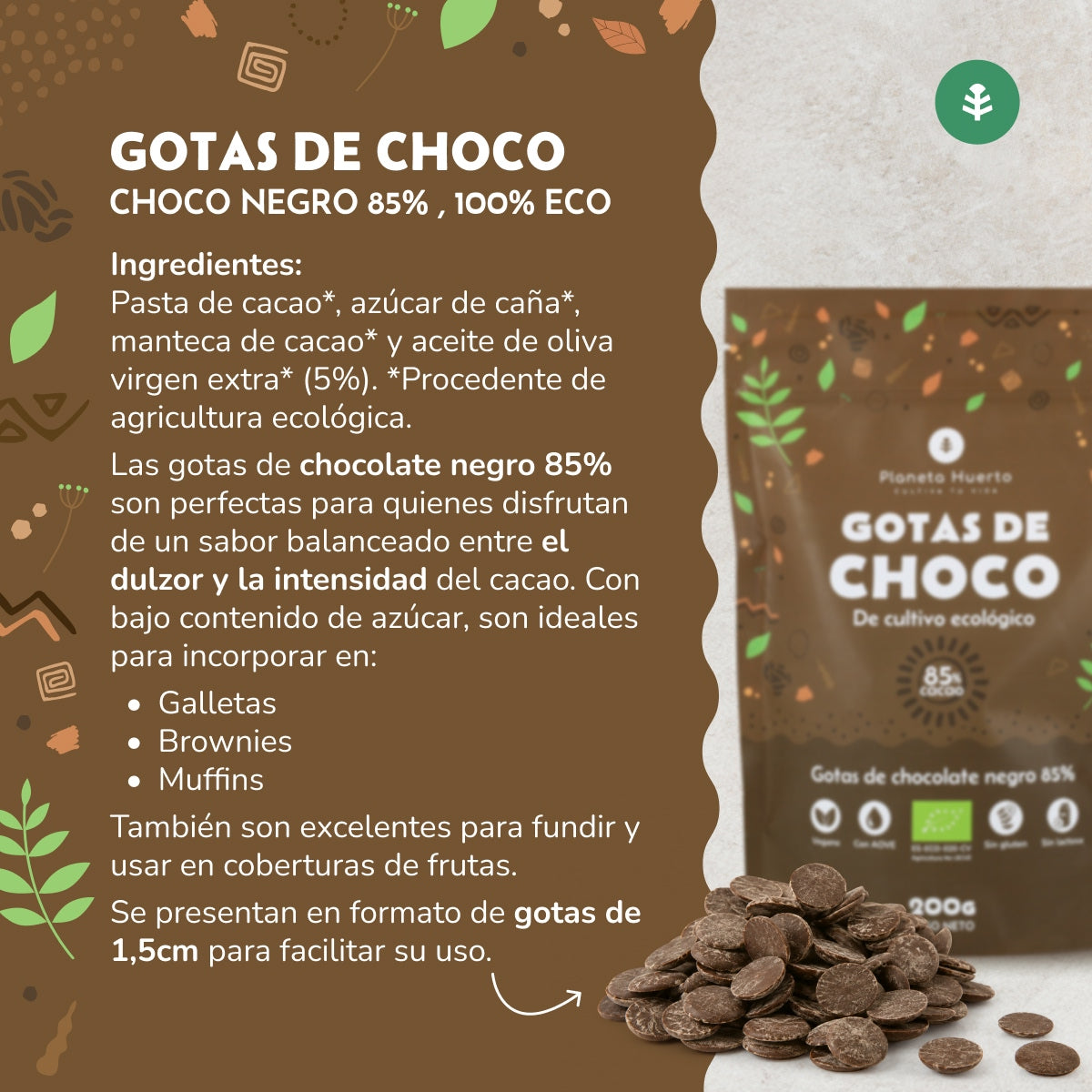 Gouttes de chocolat 85% de cacao ECO Planeta Huerto 200 g