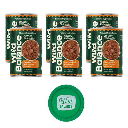 Lot de 6x porc et légumes BARF pour chiens 400 g + Cadeaux : Couvercle réutilisable pour boîtes, Wild Balance