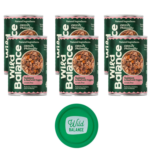 Pack 6x Saumon et Bœuf barf pour chiens 400 g + Cadeau : Couvercle réutilisable pour boîtes, Wild Balance